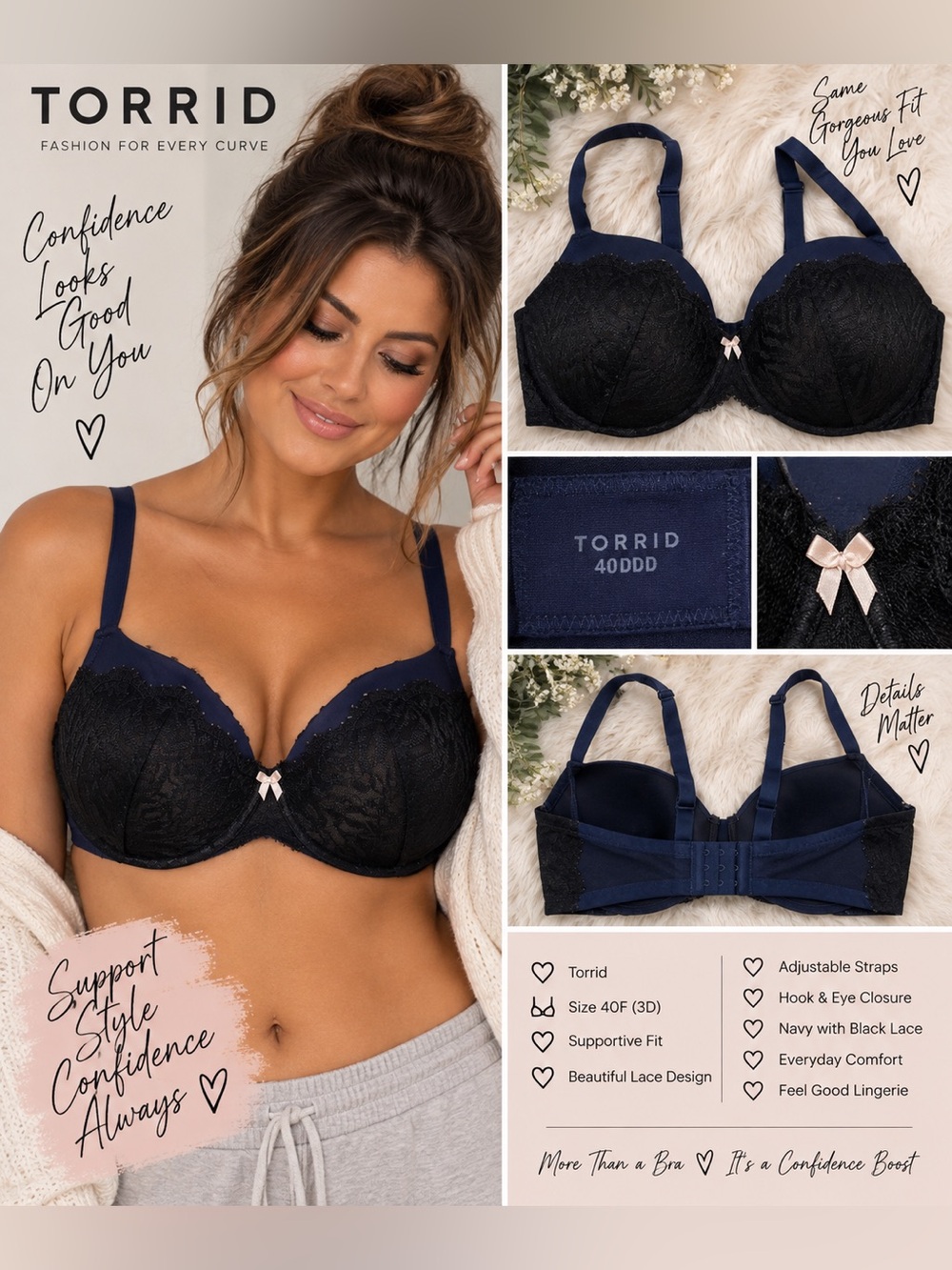 Torrid Navy Black Lace Underwire Bra Size 40F (40DDD)